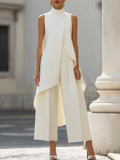 Sleeveless High Neck Jumpsuit With Asymmetric Draped Overlay Wide Leg