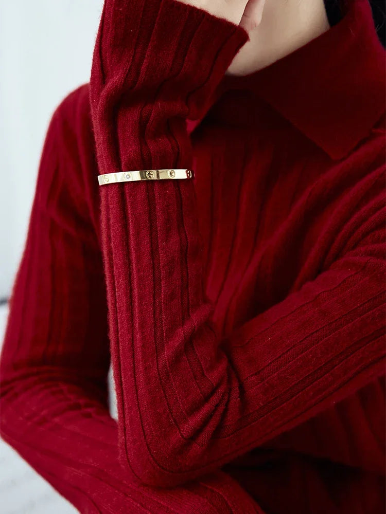 Polo Collar Knitted Sweater Long Sleeve Slim Fit Pullovers