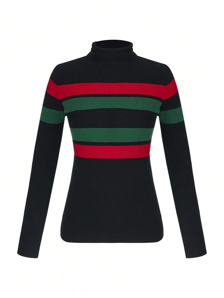Slim-Fit High-Neck Straight-Shoulder Long-Sleeve Slim-Fit Striped Pullover