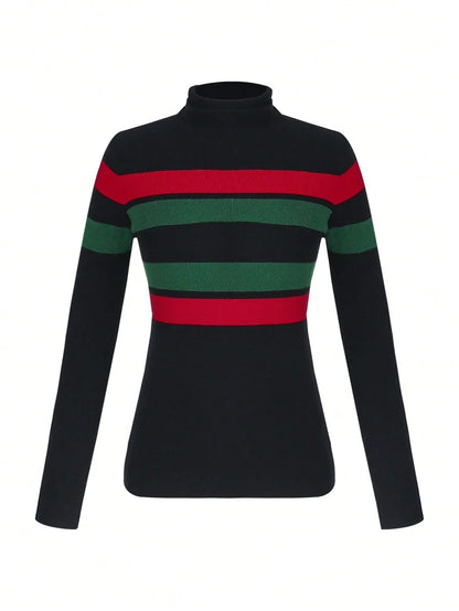 Slim-Fit High-Neck Straight-Shoulder Long-Sleeve Slim-Fit Striped Pullover