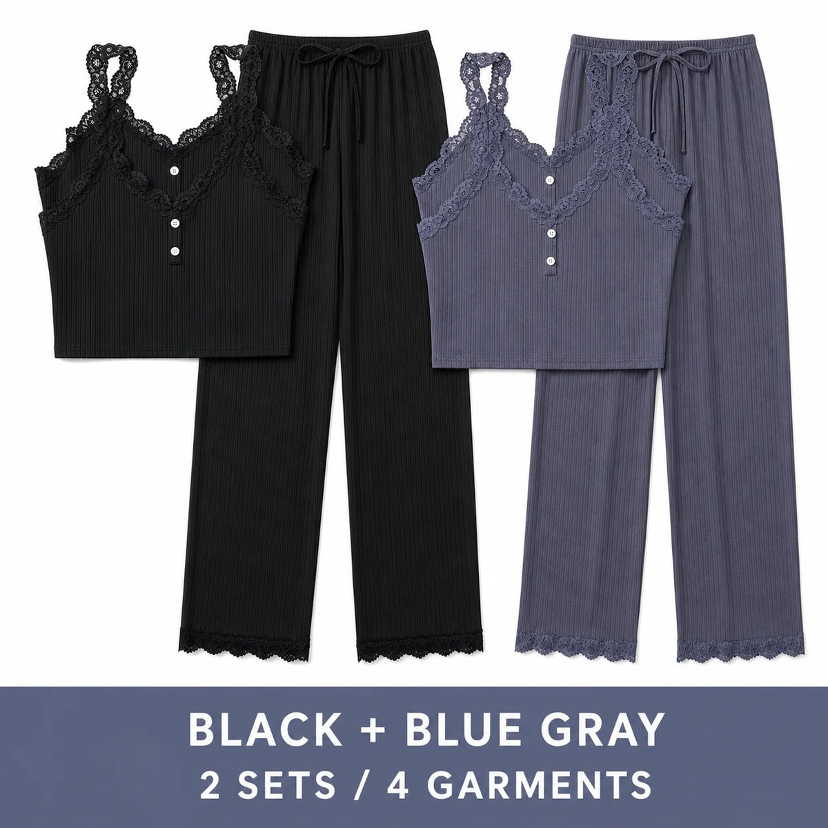 Lace Trim Camisole Tops and Ankle-Length Pants Polyester Elastane Sleepwear Set