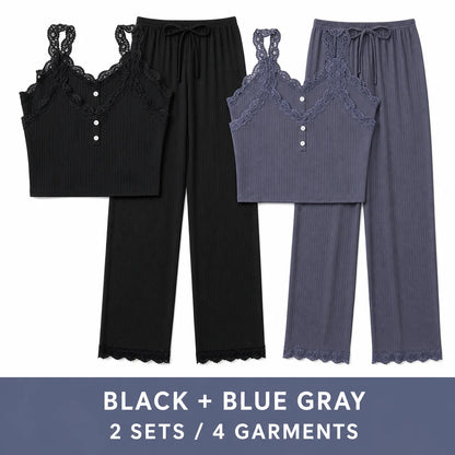 Lace Trim Camisole Tops and Ankle-Length Pants Polyester Elastane Sleepwear Set