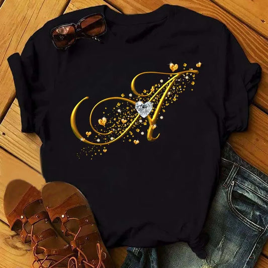 Custom Name Letter Diamond Gold Letter T-shirt