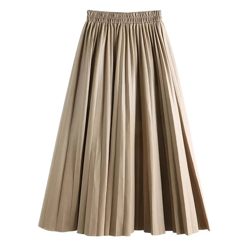 Leather Pleated High Waist long Skirt