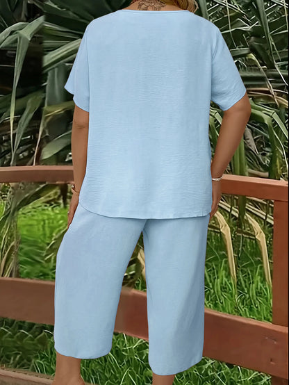 Plus size casual elegant short-sleeved top and wide-leg pants