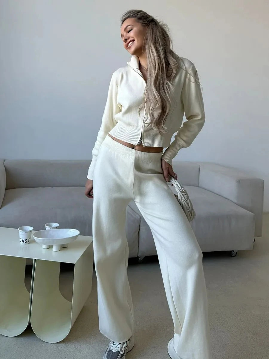 Knit Zip Up Cardigan Wide Leg Soft Fabric Cropped Sets