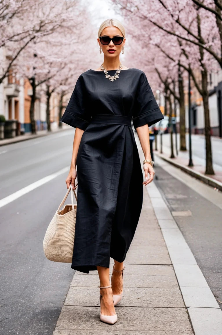Elegant Boat Neck Half Sleeve Wrap Midi Dress
