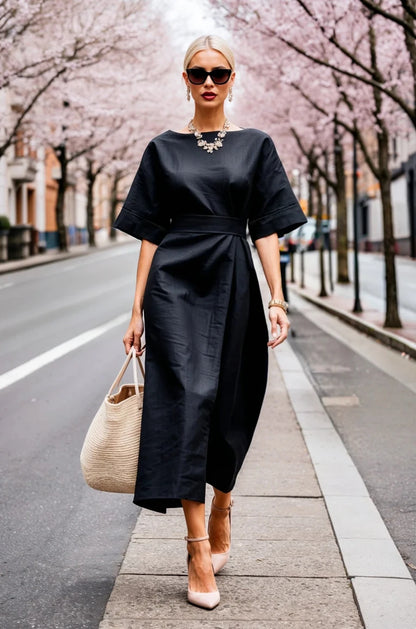 Elegant Boat Neck Half Sleeve Wrap Midi Dress