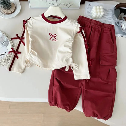 Autumn Red Bow Decoration Letter Embroidery Long Sleeved Pants Set