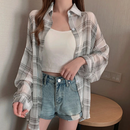 Sheer Chiffon Plaid Oversized Shirt