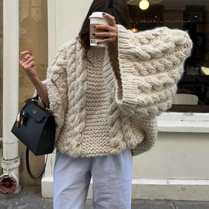 Oversize Knit Pullover Casual Lazy Round Neck Kink Solid Sweater