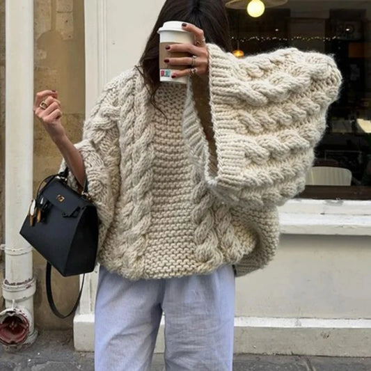 Oversize Knit Pullover Casual Lazy Round Neck Kink Solid Sweater