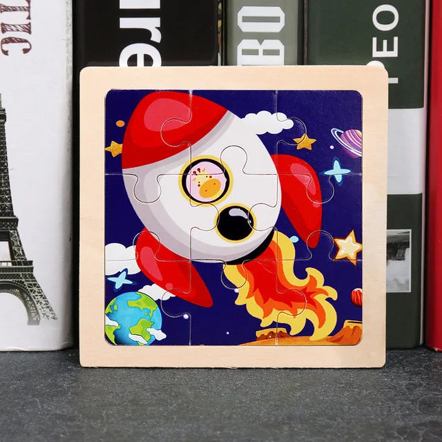 11X11CM Kids Wooden Puzzle Cartoon Animal Traffic Toys