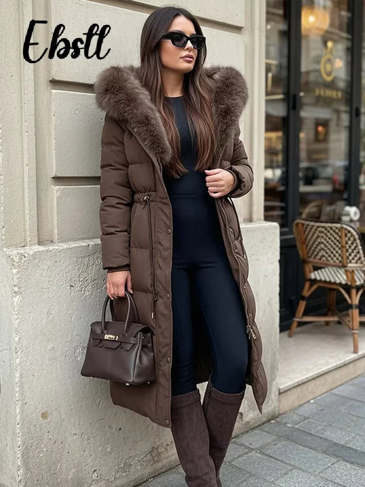Fur Elegant Waist-cinching Long Cotton Coats