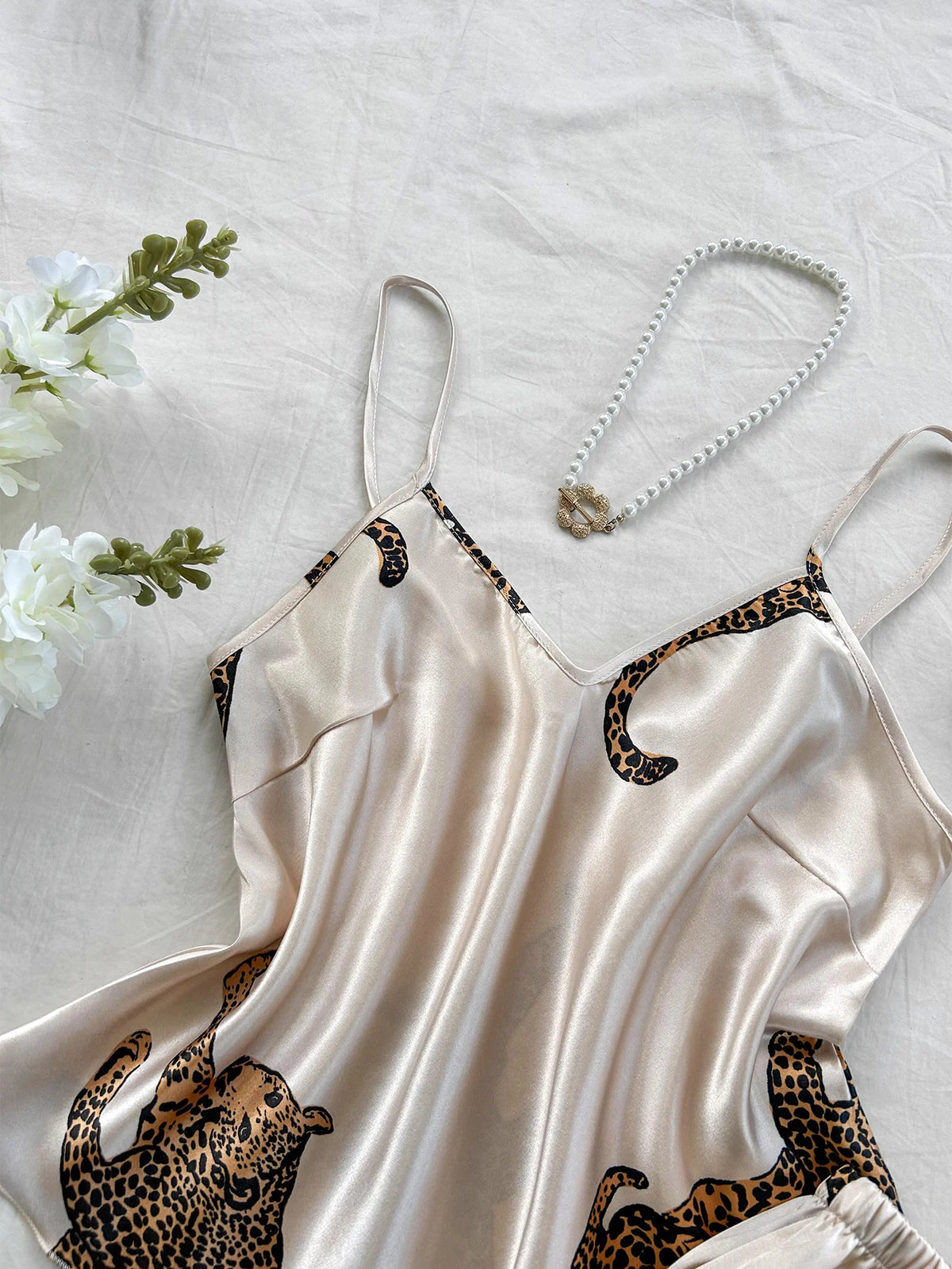 V Neck Leopard Print Suspender Long Pants Pajama Set