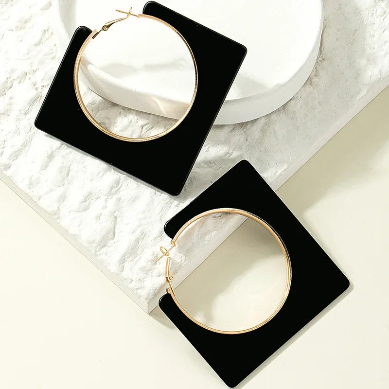 Large Black Clip On Hoop Earrings
