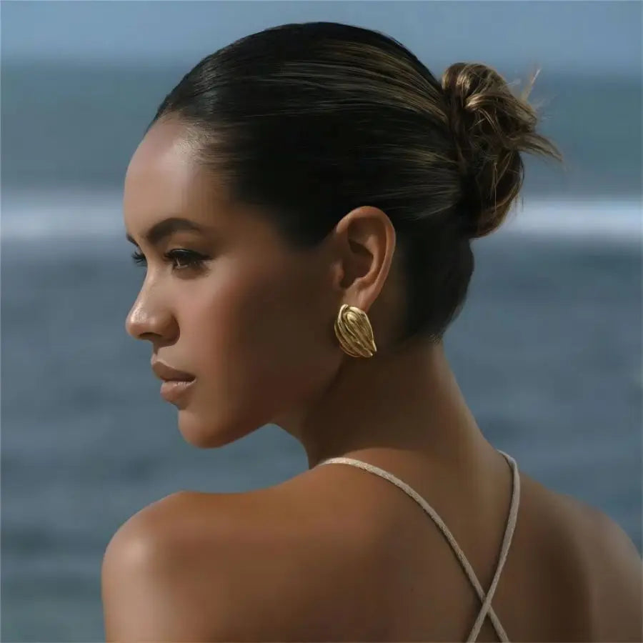 18k Gold Plated Wave Texture Stud Non Tarnish Waterproof Chunky Geometric Square Earrings