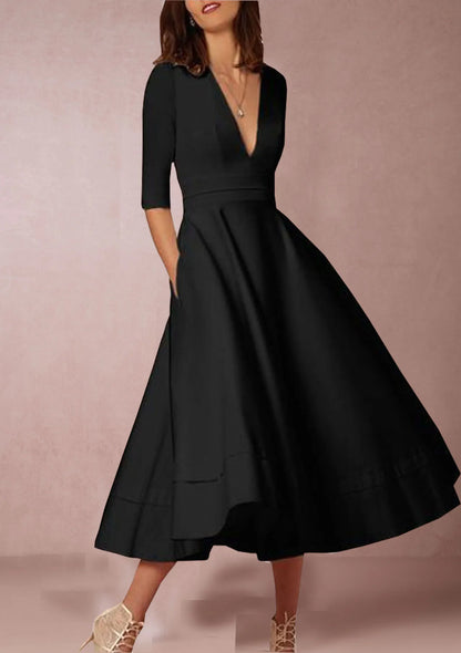 Short Sleeve V-neck Slit Solid High Quality Long Dress