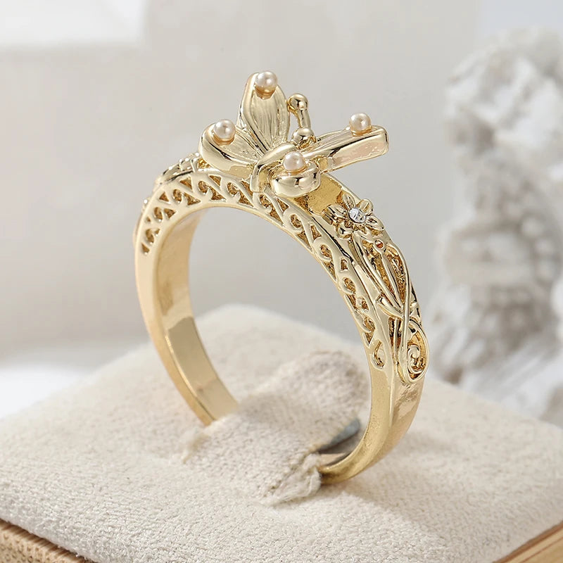 Gorgeous Hand Carved Butterfly Flower Gold Metal Geometry Rings