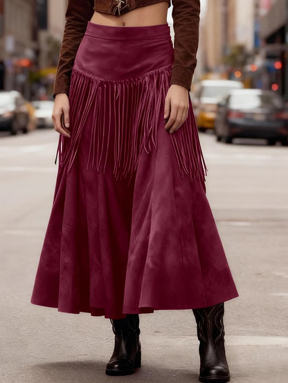 Ethnic Elegant Solid Tassel Slim Fit Midi Skirt