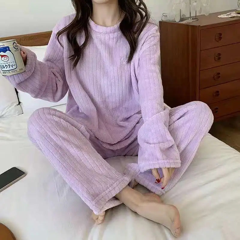 Solid Warm Thicken Velvet Ribbed Fleece Set Pajama