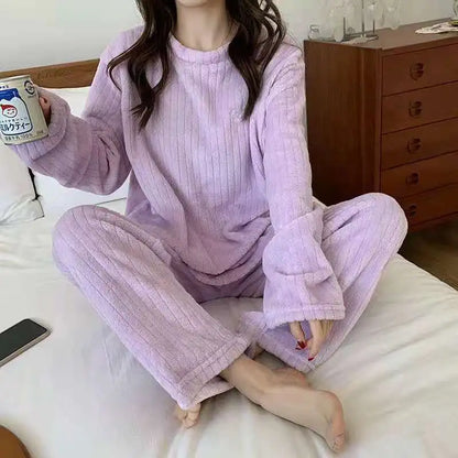 Solid Warm Thicken Velvet Ribbed Fleece Set Pajama