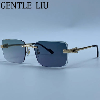 Rectangle Rimless Punk Luxury Metal Frame Sun Glasses