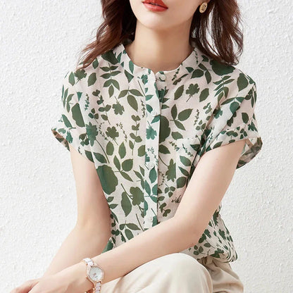 Short Sleeve Stand Collar Flower Blouses