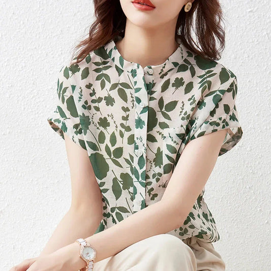 Short Sleeve Stand Collar Flower Blouses