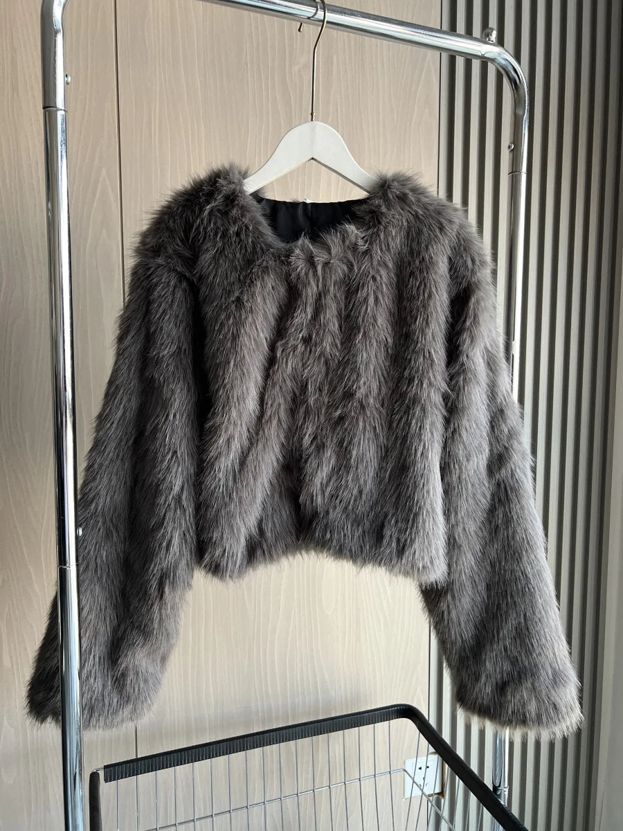 Faux fur Fall/Winter Effect Round Neck Long Sleeve Short Jacket