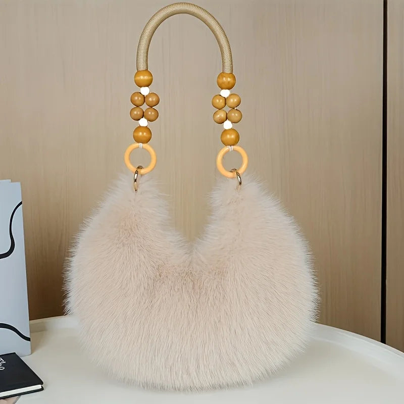 Plush Faux Tote Bead Accented Strap Zipper Closure Elegant Handbags