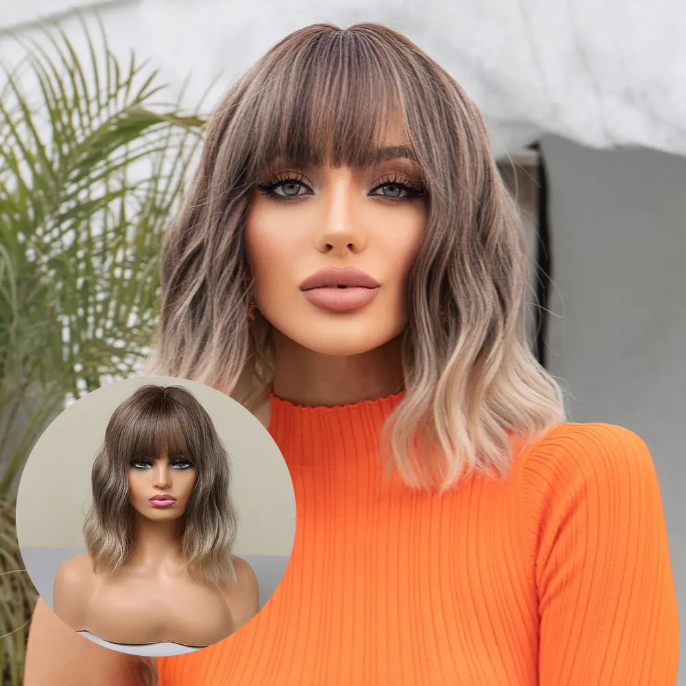 Wavy Bob Short Blonde Dark Roots Wigs