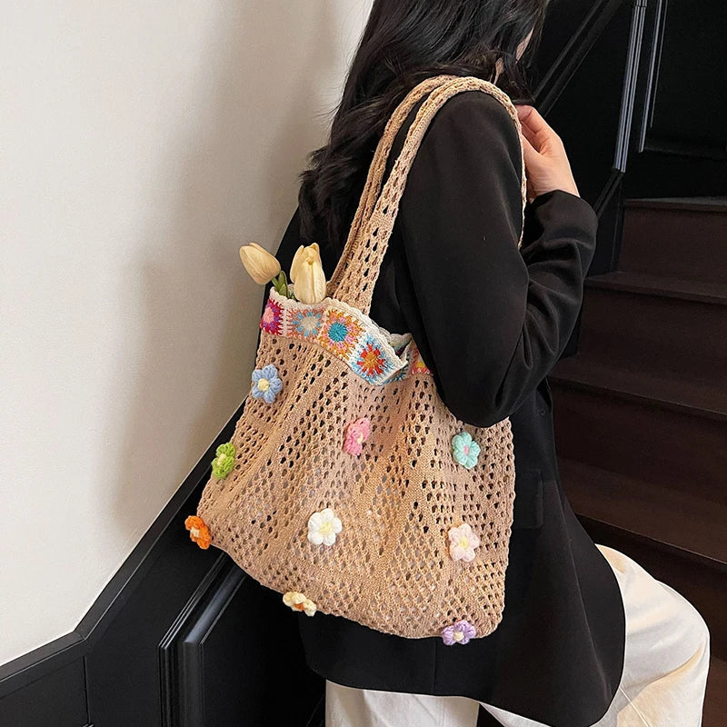 Flower Beach Tote Colorful Beads Floral Trim Natural Straw Crochet Shoulder Bag