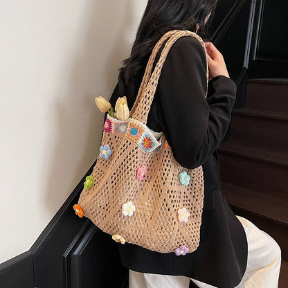 Flower Beach Tote Colorful Beads Floral Trim Natural Straw Crochet Shoulder Bag