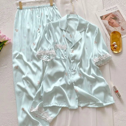 Bear Print  Cool Ice Silk Short Sleeve Cardigan Lace Fall Plus Size Pajama Sets
