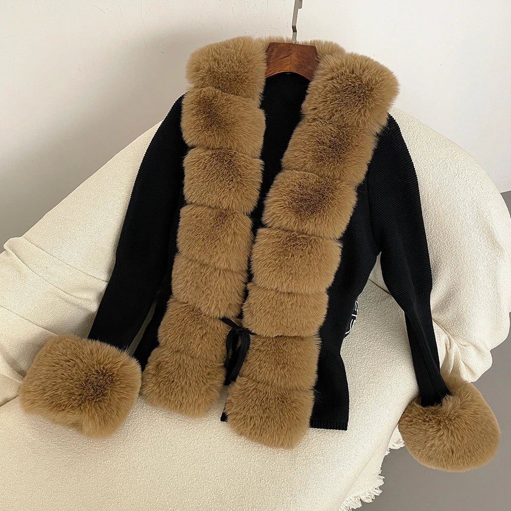 Fur Cardigan Detachable Collar Jacket Faux Fur Coat
