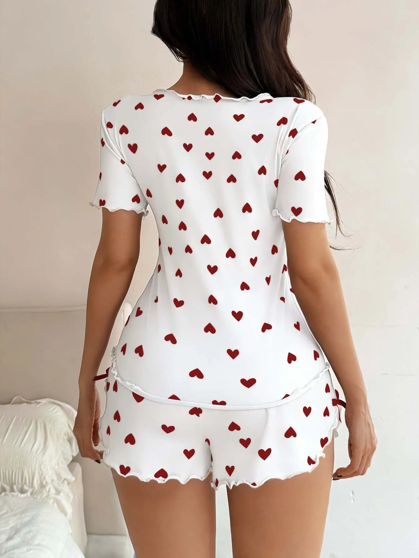 Love Printed Collar Short Sleeve Bow Slim Fit Pajamas