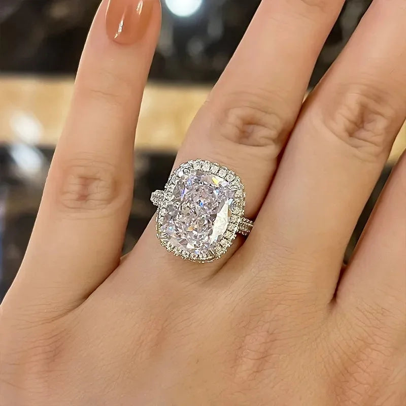 925 Sterling Silver Shining Big Square 4 Claw Inlaid Zircon Rings