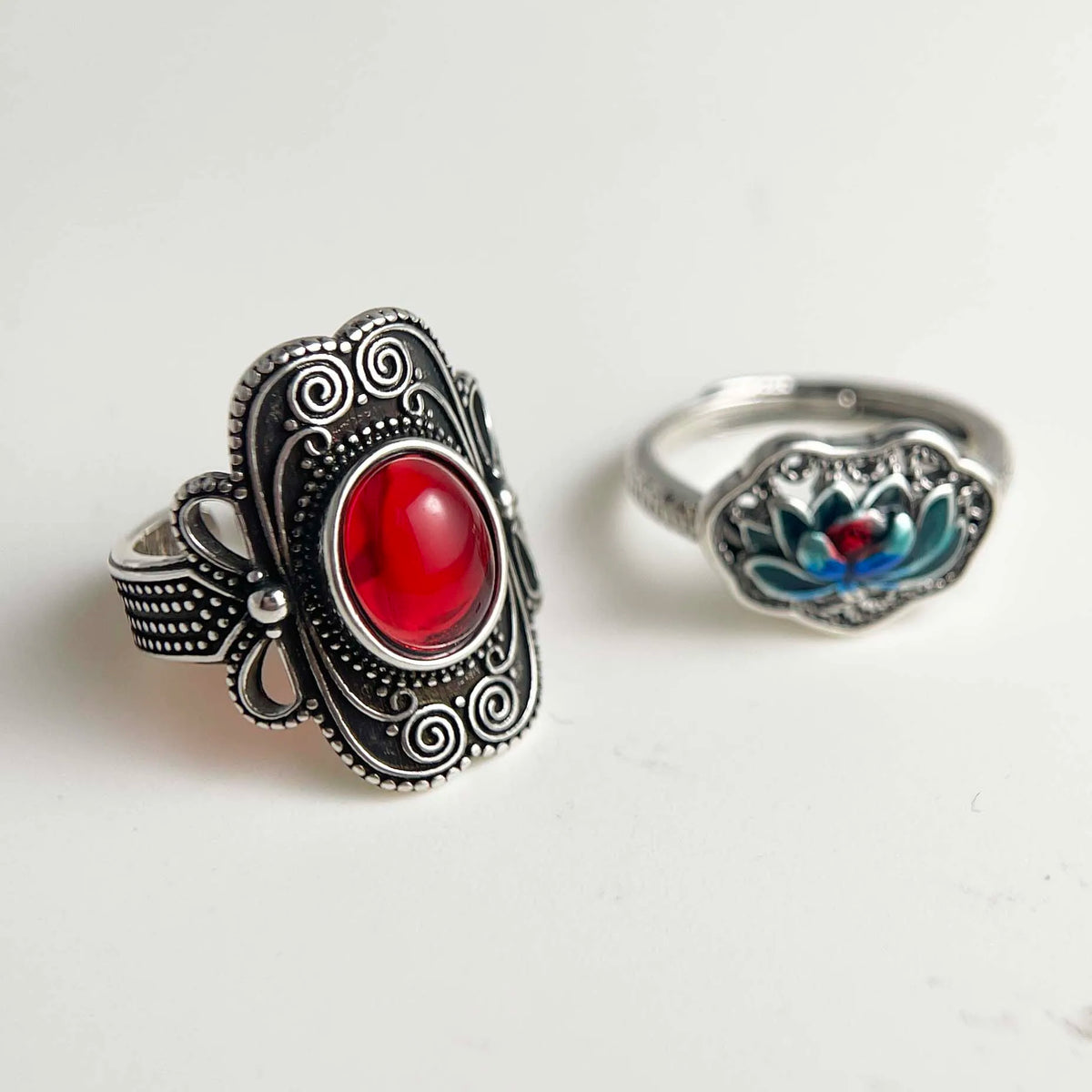 925 Sterling Silver Couple Minimalist Handmade Retro Red Big Stone Ring