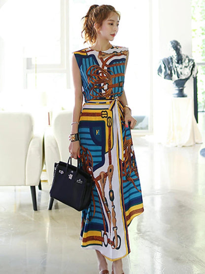 Korean Sexy Sleeveless  A-Line Long Skirt Korean Set