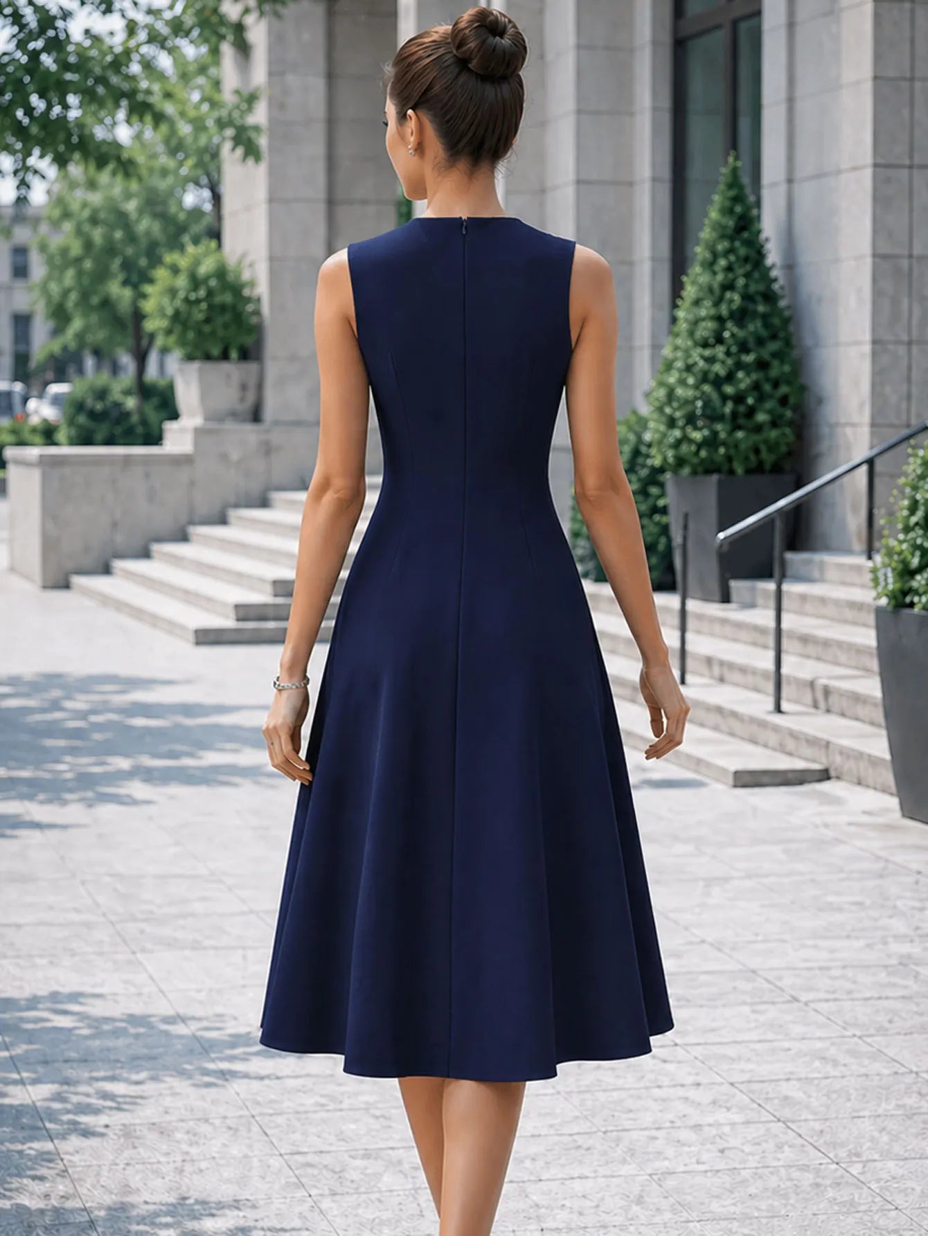 Elegant O-Neck Solid Sleeveless Commute Mid-Calf Slim Ruffle Dress