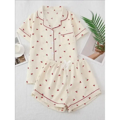 Cherry Print Textured Pajama Set