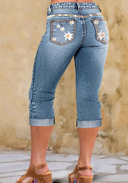 Elasticity Tight Fitting American Style High Waisted Calf-Length Jeans Pants