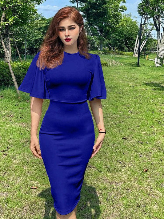 Half Sleeve Hips-Wrapped Slim Fit Midi Dress