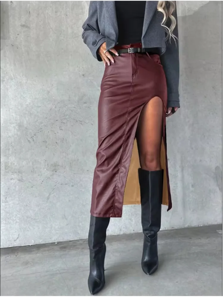 Mid Pu Leather slit sexy Hip Hugging Punk Style Autumn Skirt