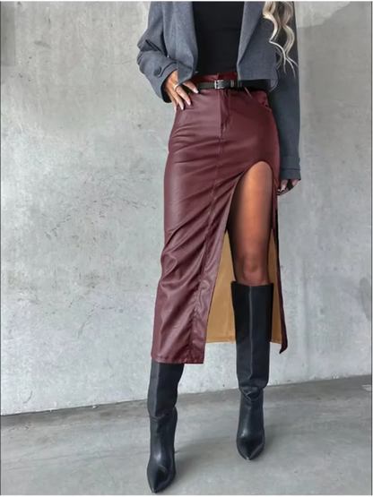 Mid Pu Leather slit sexy Hip Hugging Punk Style Autumn Skirt