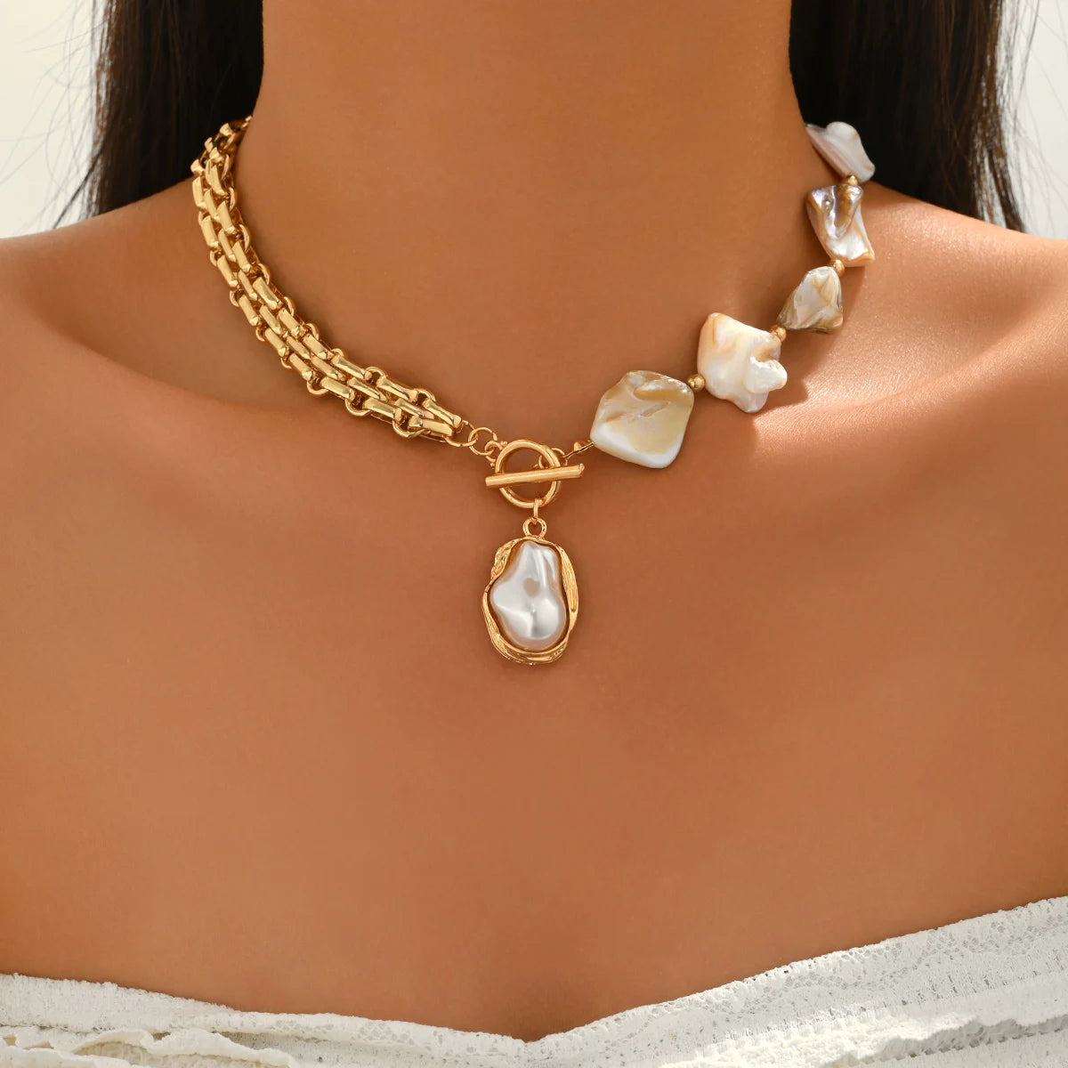 Boho Baroque Pearl Choker Asymmetric Cuban Link Chain Toggle Necklace