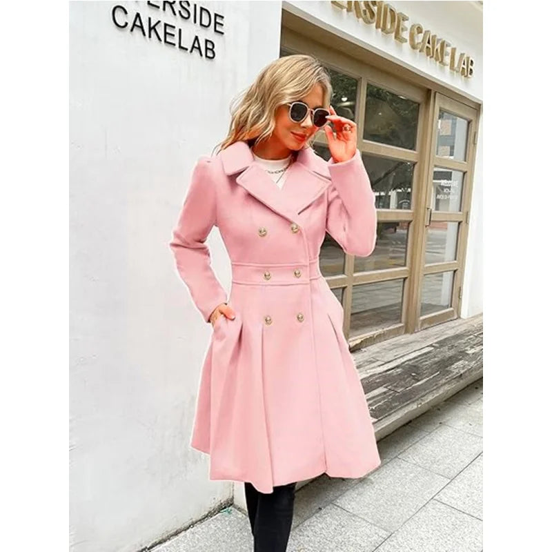 Winter Woolen Trench Coat Skirt Double Breasted Flip Lapel Jacket