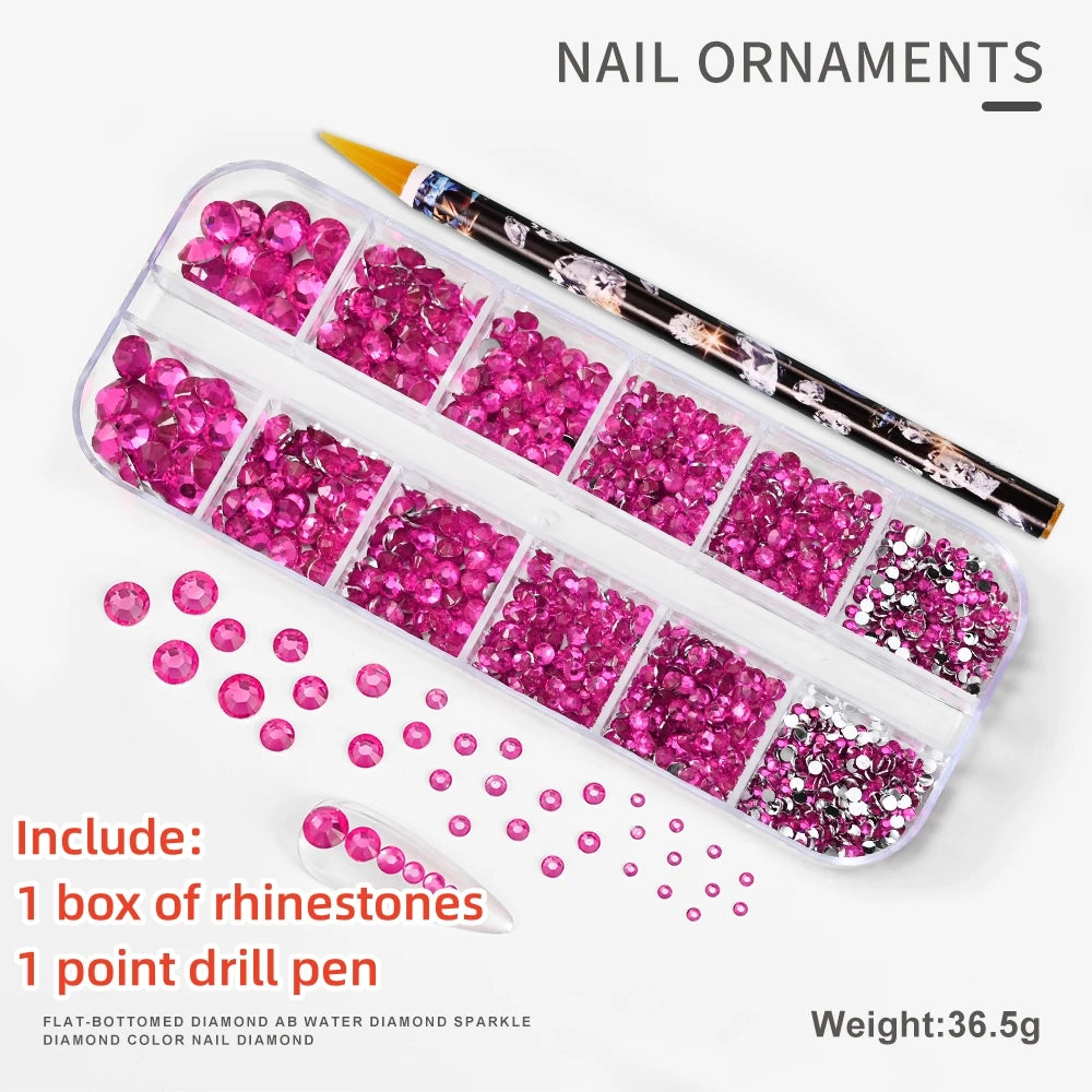 12Gird 3D Glass AB Crystal Nail Art Rhinestones Kit