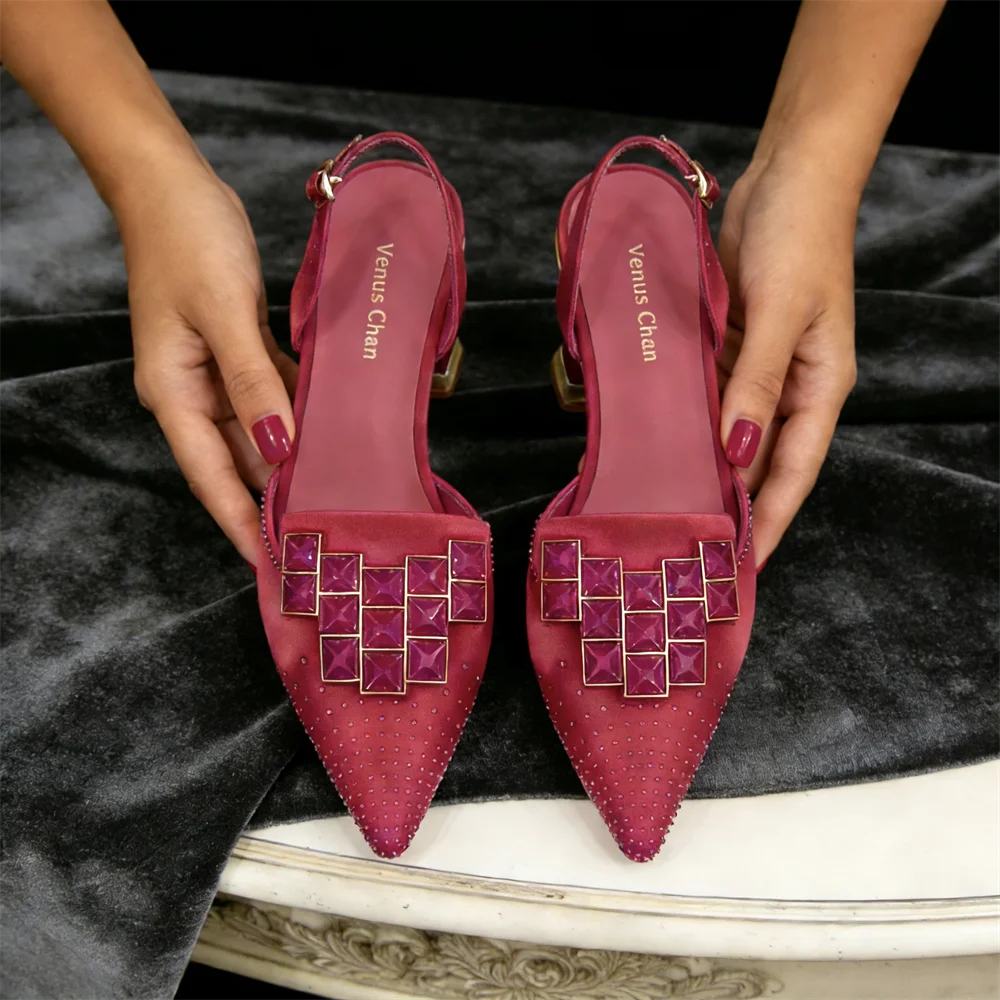 Venus Chan Elegant Green Slingback Heels with Rhinestones Shoes